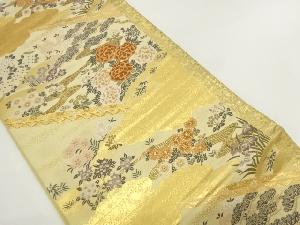 流水に牡丹・松・菊模様織出し袋帯